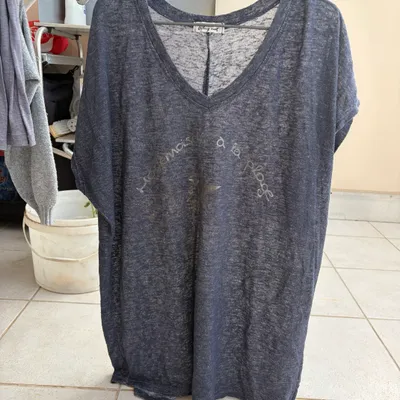 TEE shirt mademoiselle a la plage bleu gris 